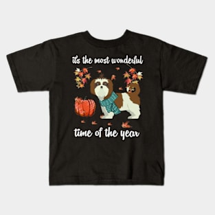 Shih Tzu Dog Autumn Fall Most Wonderful Time Maple Gift Kids T-Shirt